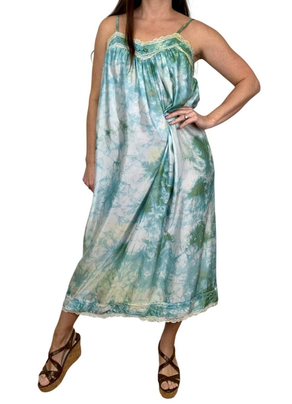 Vintage Hand Dyed Lounge Dress Green Blue Upcycled Maxi Slip Dress L/XL